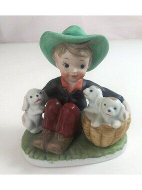 Vintage Maxam Boy Sitting With Puppies 3.75" Hand Painted Porcelain Figurine